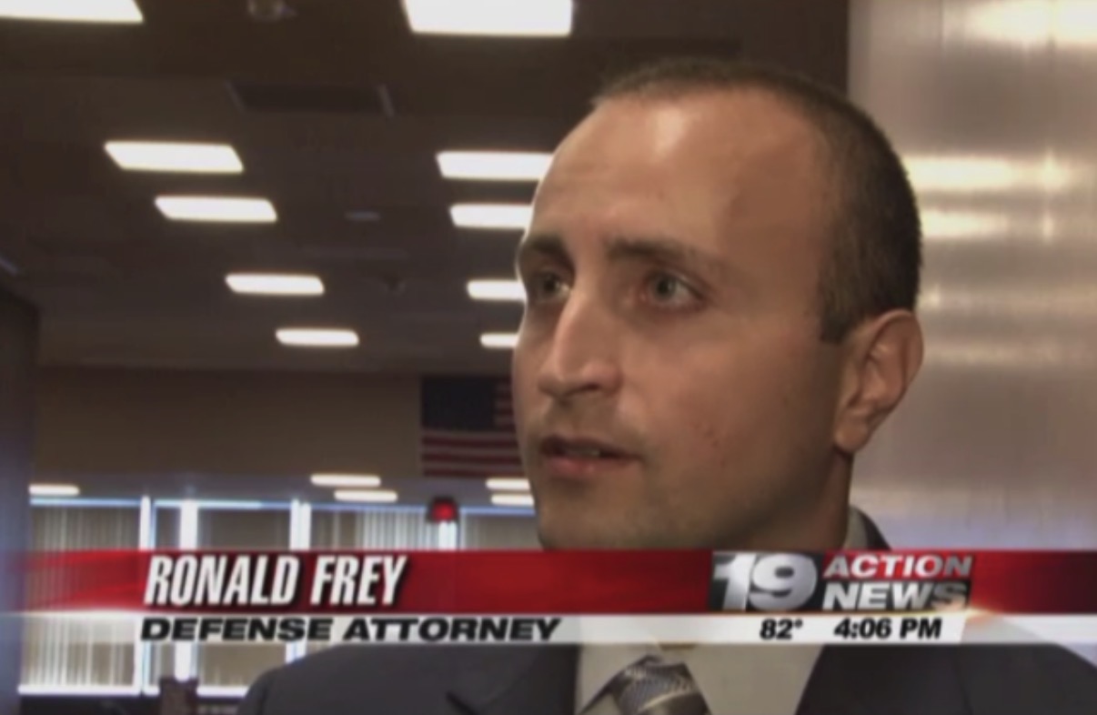 Attorney Ron Frey giving a television news interview