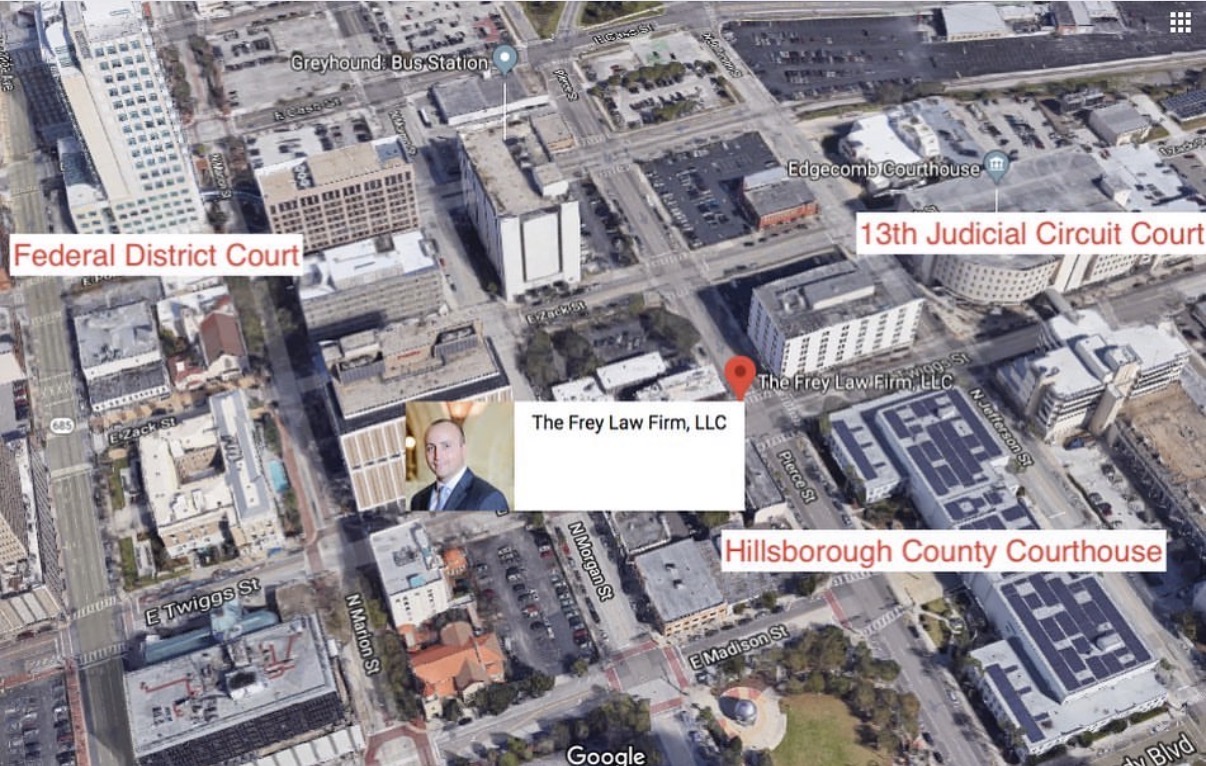 Map of downtown Tampa showing The Frey Law Firm on E. Twiggs St. near the Hillsborough County courthouses.