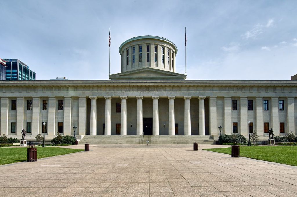Front of the Ohio Statehouse in Columbus, with its columns and round cupola