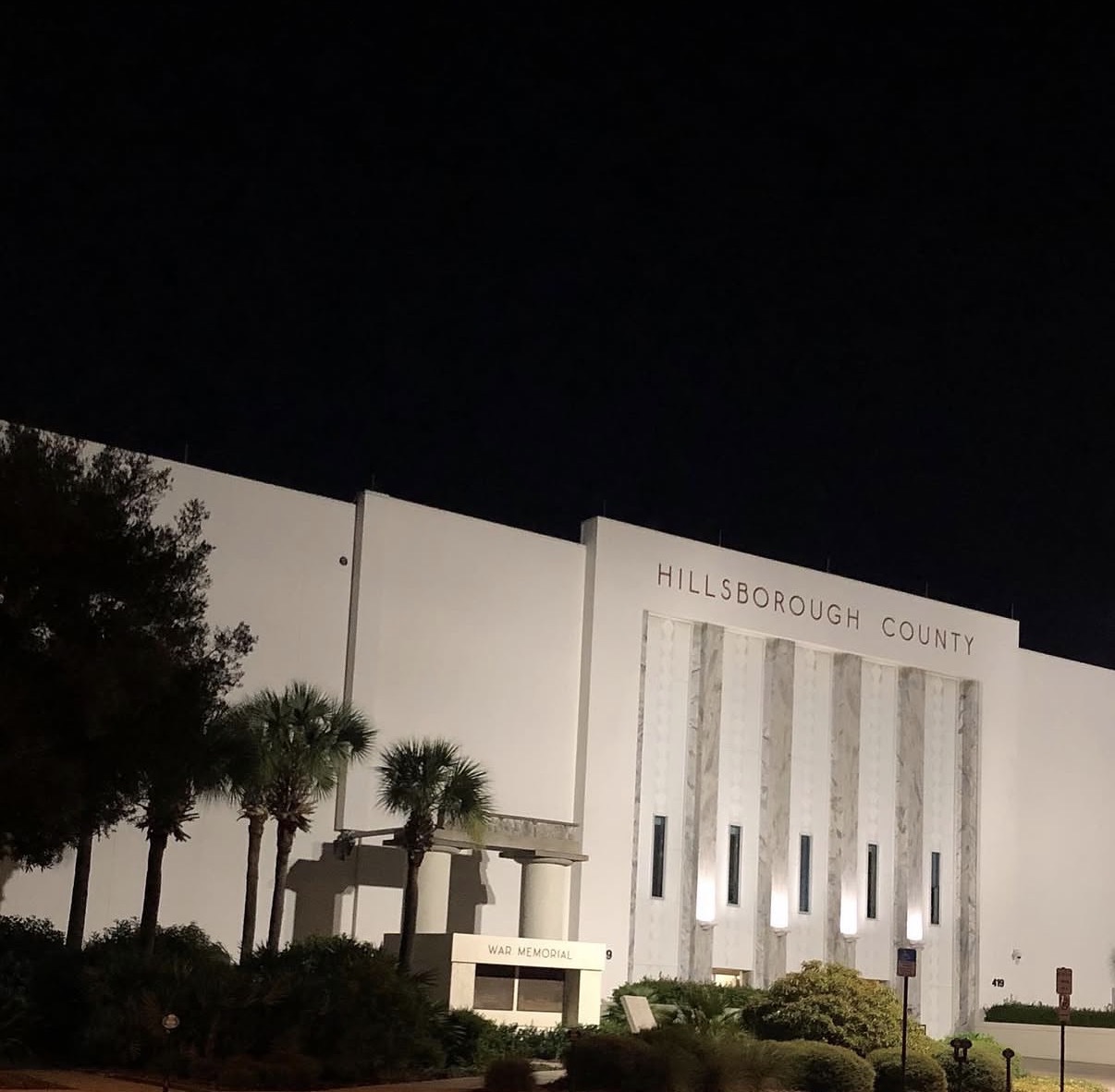 Hillsborough County building in Tampa at night