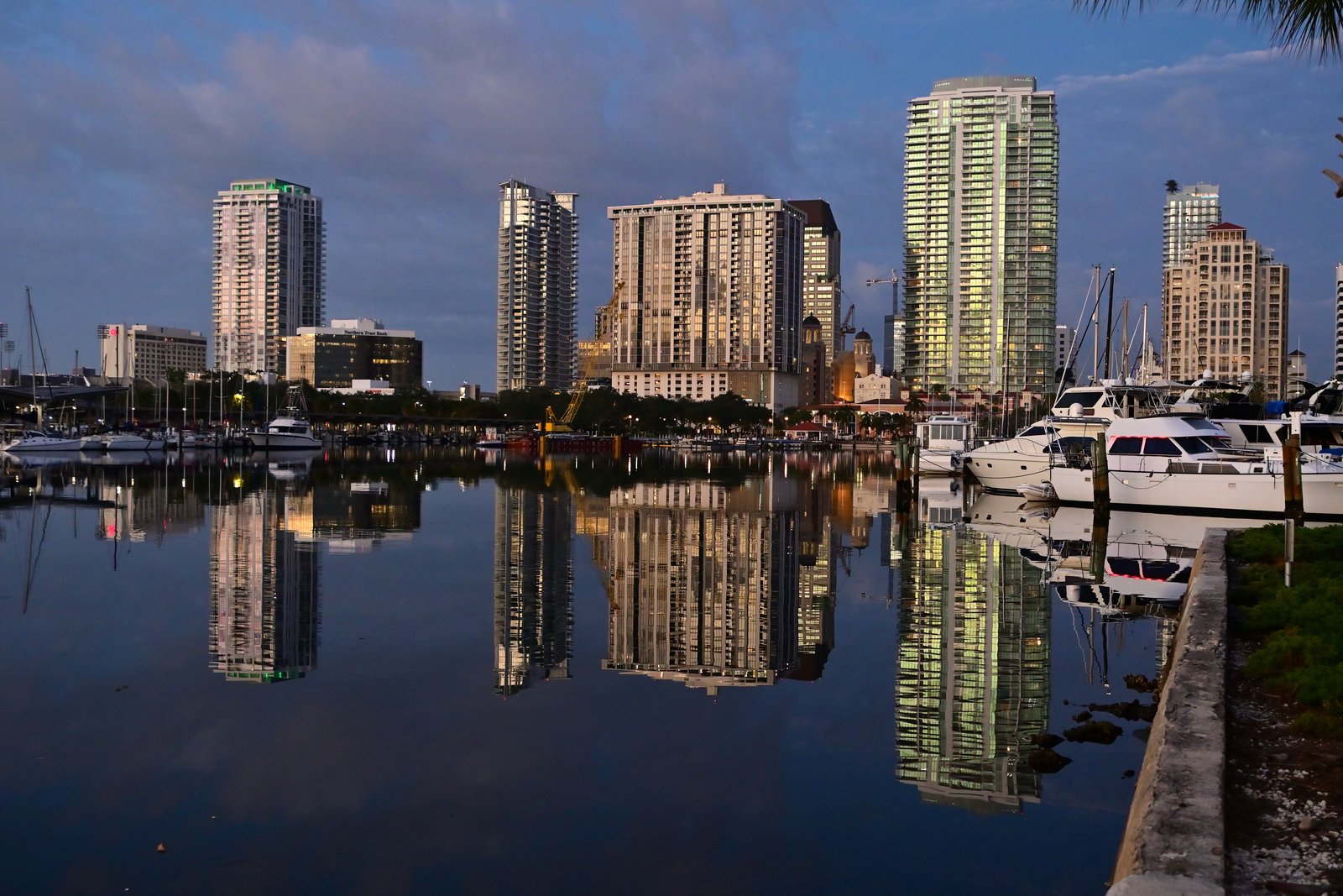 St. Petersburg skyline at sunrise reflected in the marina