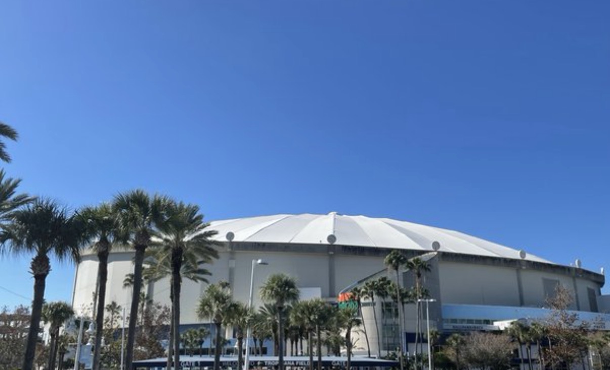 Tropicana Field in St. Petersburg with palm trees