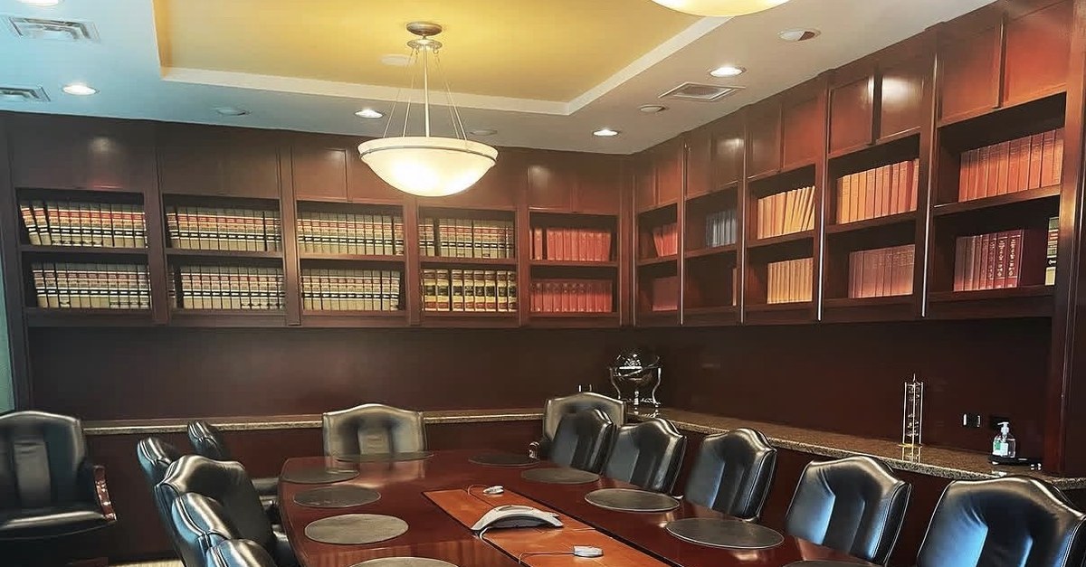 Conference room with law books at the Frey Law Firm office in downtown Tampa